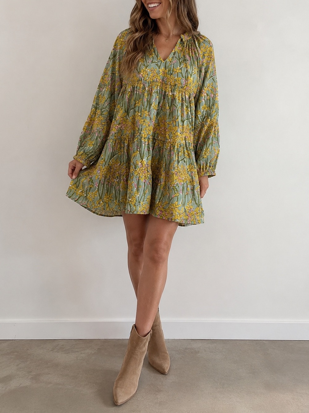 Women’s Floral Long Sleeve Dress in Sage Green and Yellow